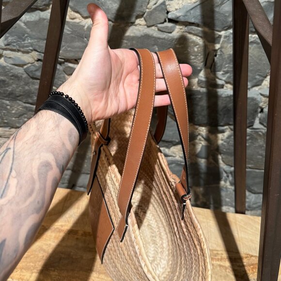 LOEWE Brown Leather Beige Raffia Medium Basket Tote Bag - Picture 4 of 13